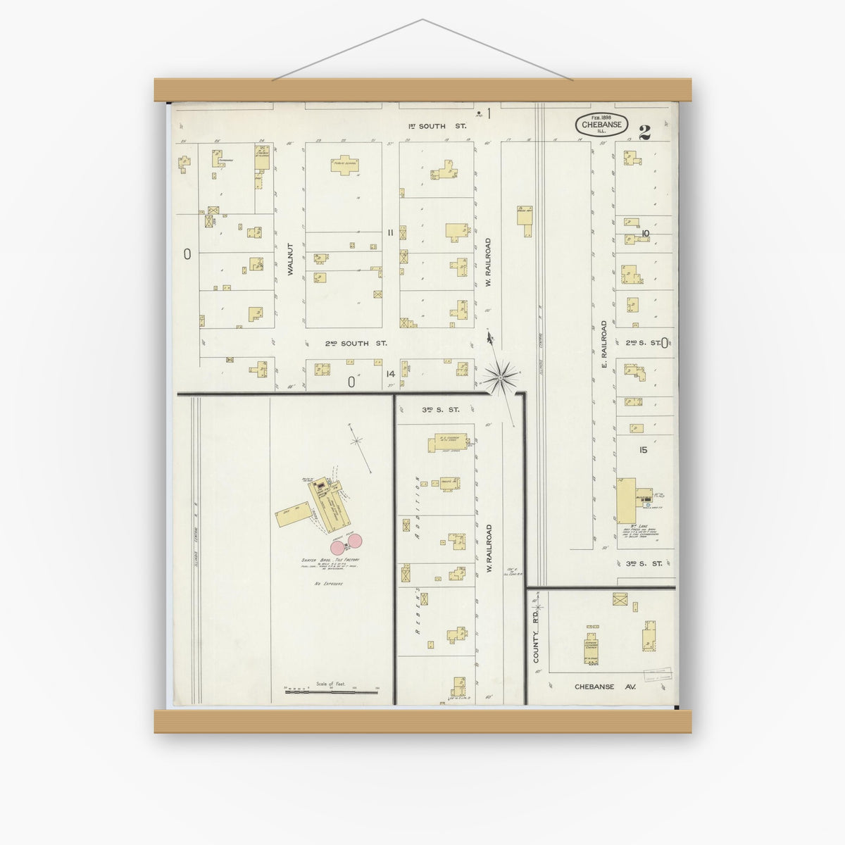Old map wall art mockup — magnetic wood frame on white wall — Sanborn Fire Insurance Map from Chebanse, Iroquois And Kankakee County, Illinois (1898), Sheet #0002