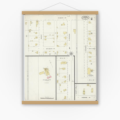 Old map wall art mockup — magnetic wood frame on white wall — Sanborn Fire Insurance Map from Chebanse, Iroquois And Kankakee County, Illinois (1898), Sheet #0002