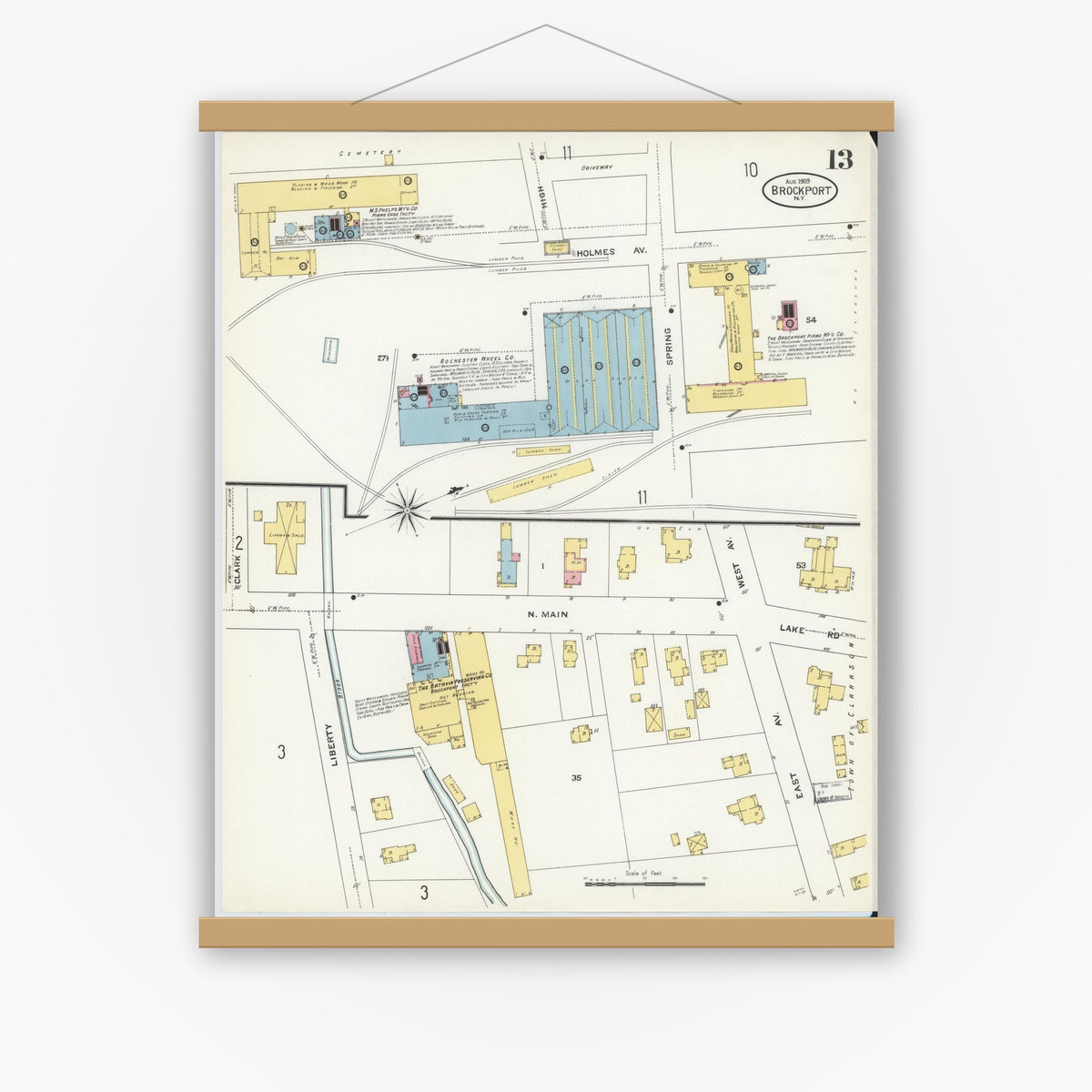 Old map wall art mockup — magnetic wood frame on white wall — Sanborn Fire Insurance Map from Brockport, Monroe County, New York (1909), Sheet #0013