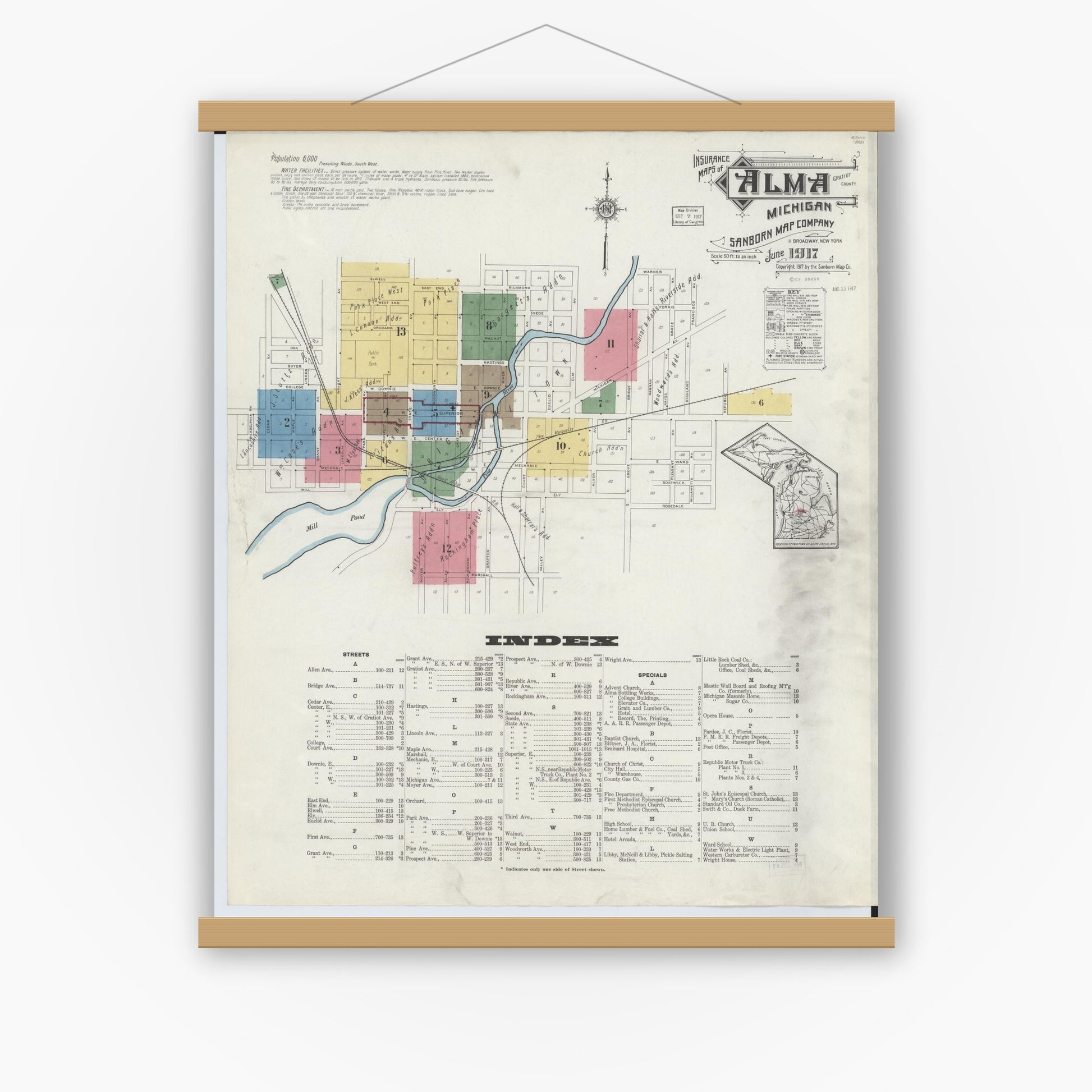 Old map wall art mockup — magnetic wood frame on white wall — Sanborn Fire Insurance Map from Alma, Gratiot County, Michigan (1917), Sheet #0001