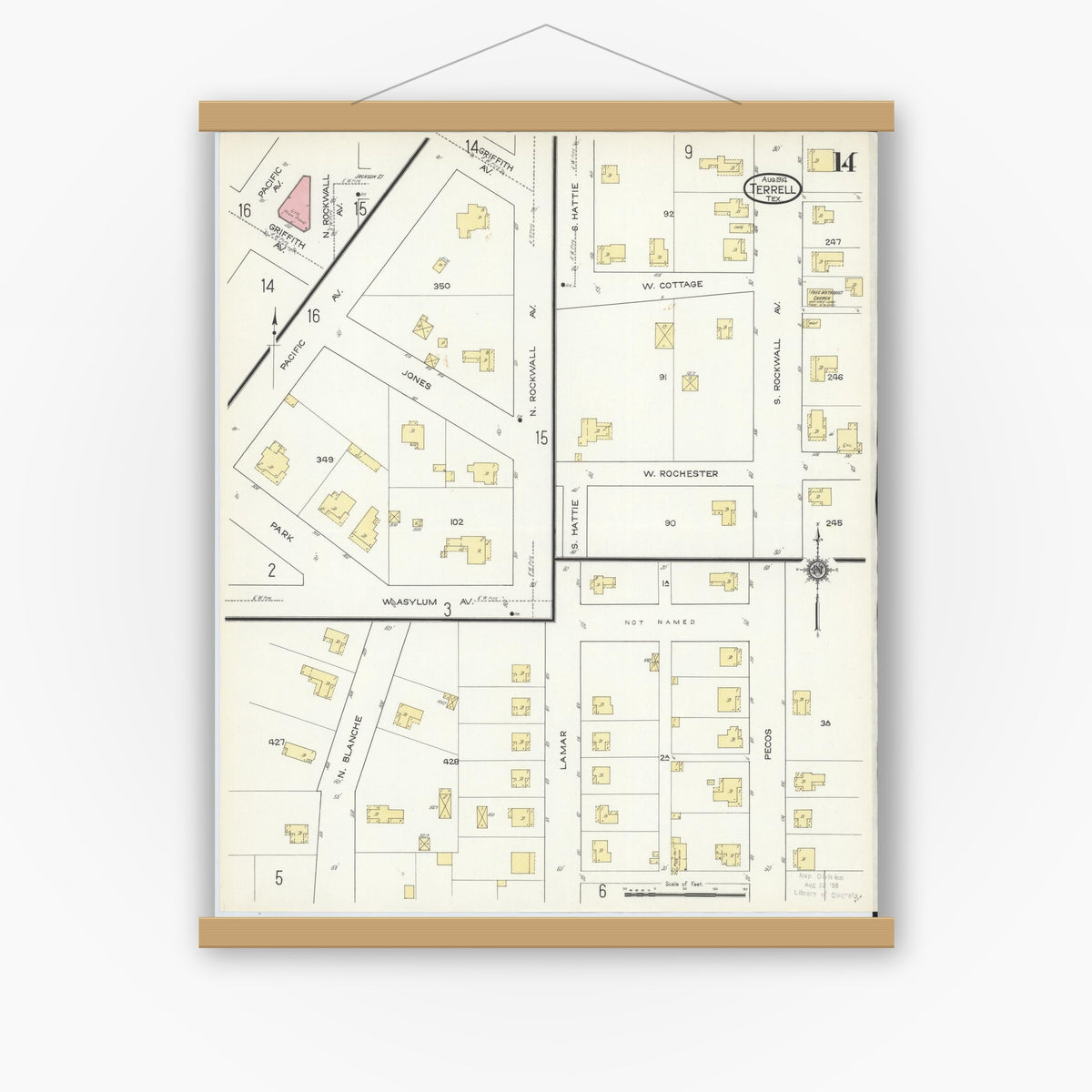 Old map wall art mockup — magnetic wood frame on white wall — Sanborn Fire Insurance Map from Terrell, Kaufman County, Texas (1914), Sheet #0014