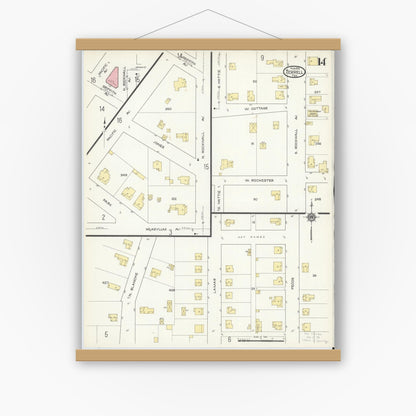 Old map wall art mockup — magnetic wood frame on white wall — Sanborn Fire Insurance Map from Terrell, Kaufman County, Texas (1914), Sheet #0014