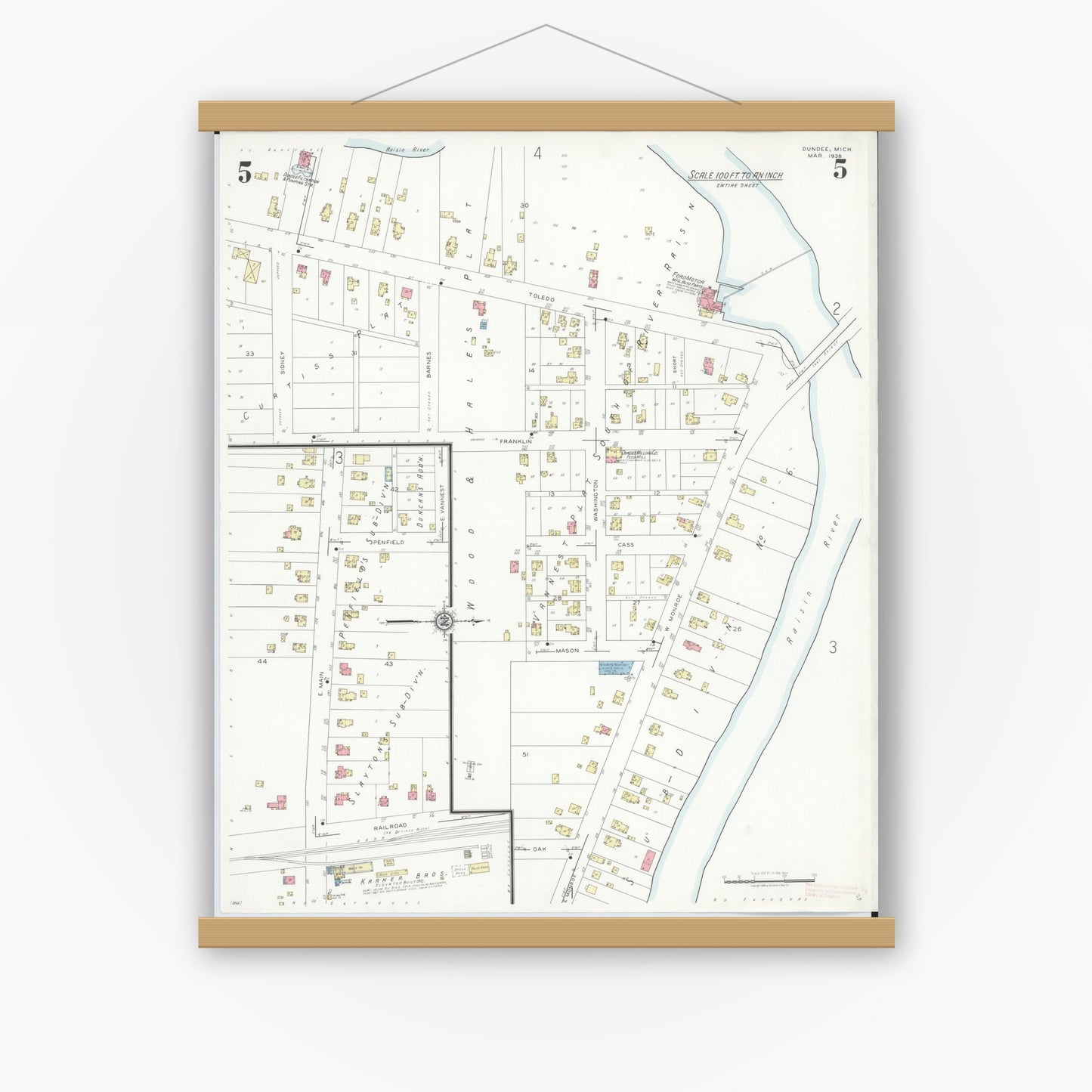 Old map wall art mockup — magnetic wood frame on white wall — Sanborn Fire Insurance Map from Dundee, Monroe County, Michigan (1938), Sheet #0005