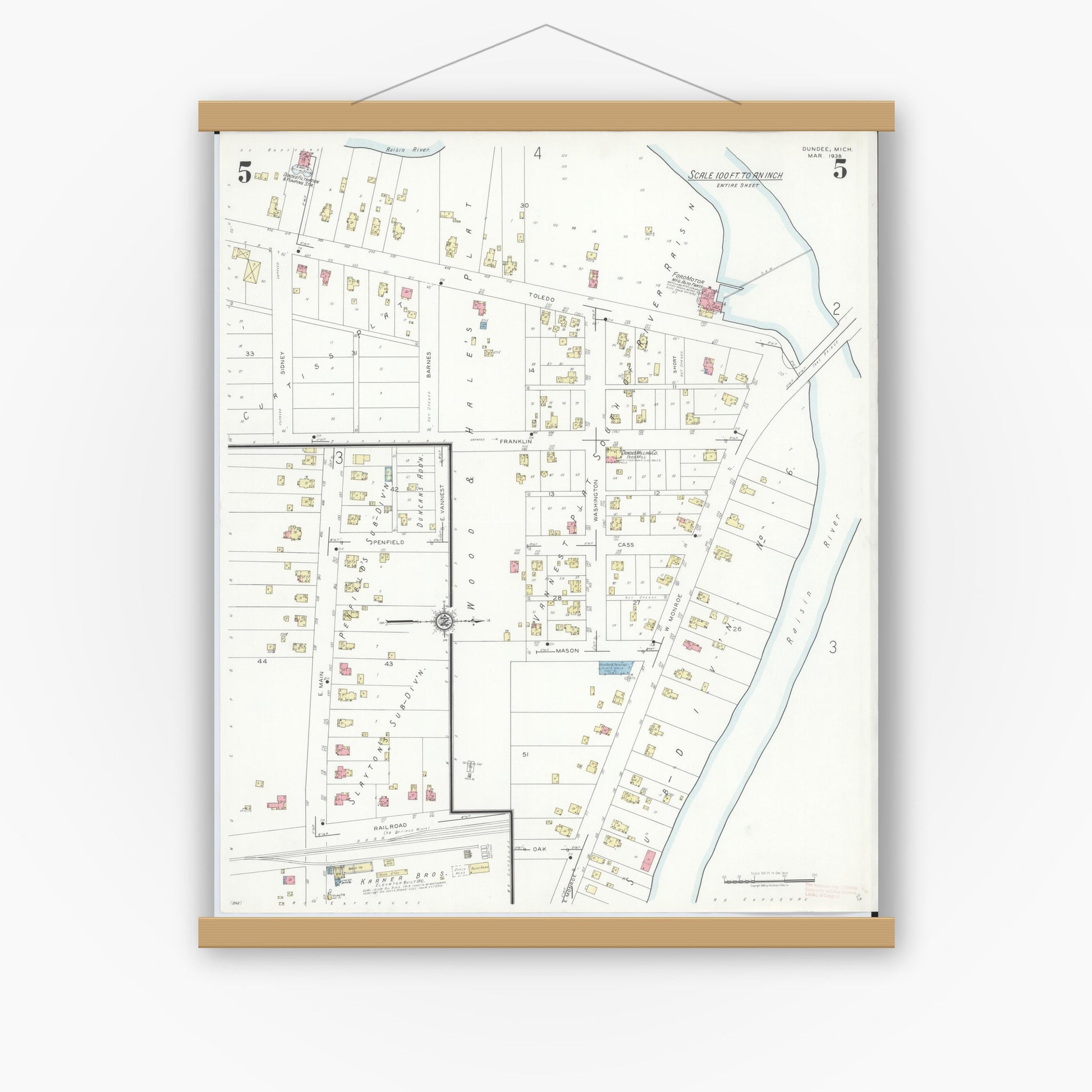 Old map wall art mockup — magnetic wood frame on white wall — Sanborn Fire Insurance Map from Dundee, Monroe County, Michigan (1938), Sheet #0005