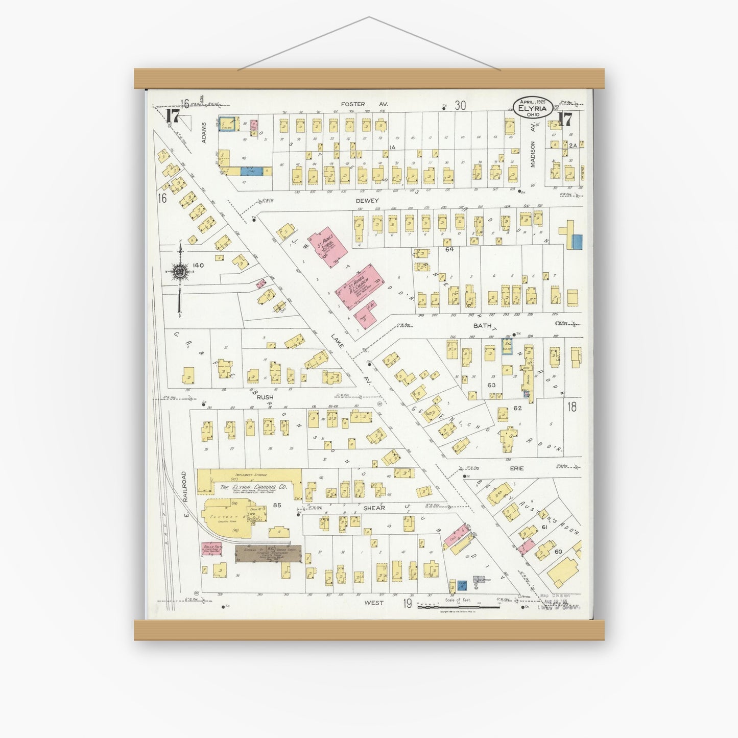 Old map wall art mockup — magnetic wood frame on white wall — Sanborn Fire Insurance Map from Elyria, Lorain County, Ohio (1925), Sheet #0017