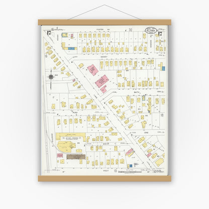 Old map wall art mockup — magnetic wood frame on white wall — Sanborn Fire Insurance Map from Elyria, Lorain County, Ohio (1925), Sheet #0017