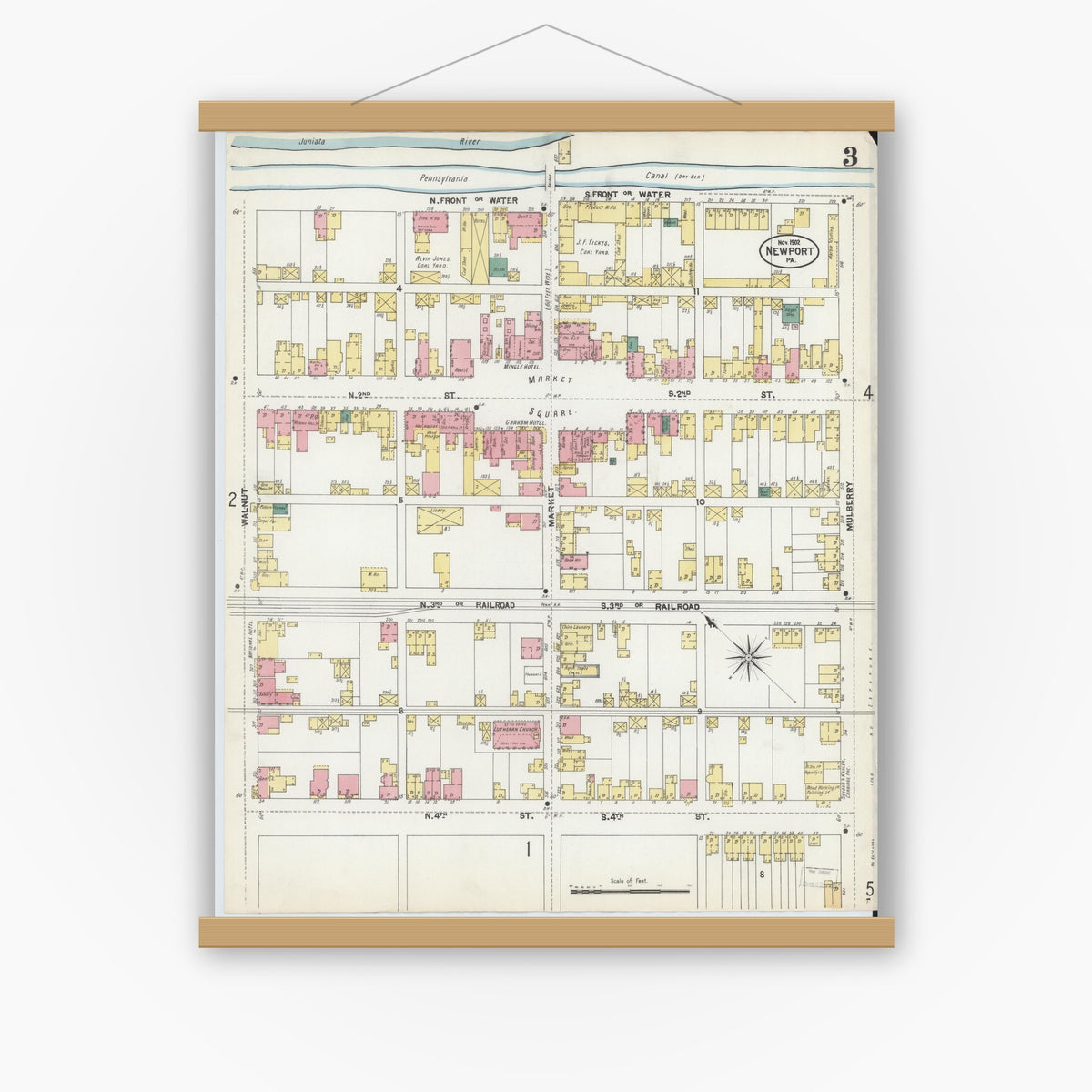 Old map wall art mockup — magnetic wood frame on white wall — Sanborn Fire Insurance Map from Newport, Perry County, Pennsylvania (1902), Sheet #0003