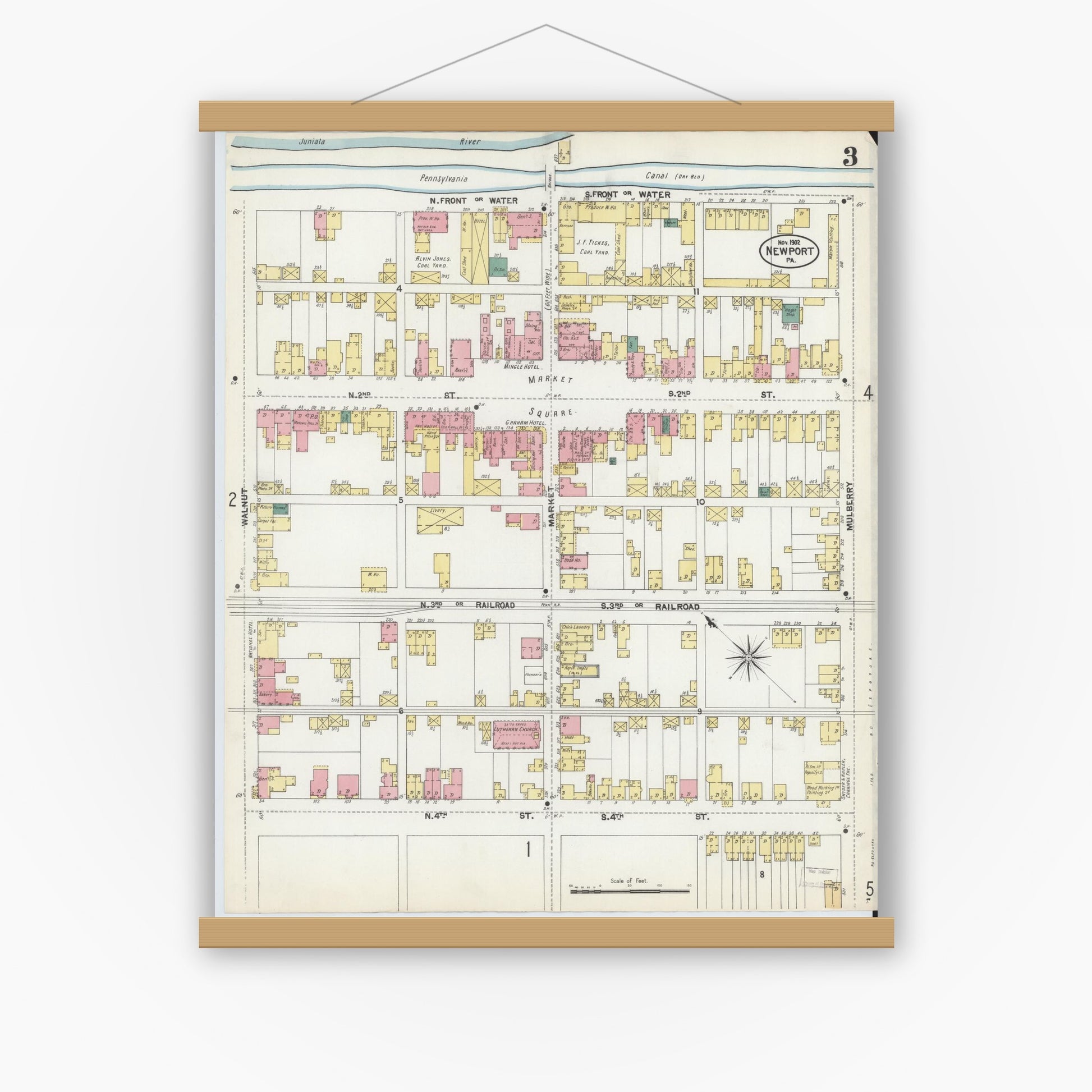Old map wall art mockup — magnetic wood frame on white wall — Sanborn Fire Insurance Map from Newport, Perry County, Pennsylvania (1902), Sheet #0003