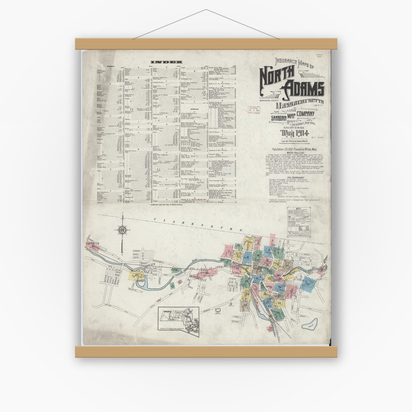 Old map wall art mockup — magnetic wood frame on white wall — Sanborn Fire Insurance Map from North Adams, Berkshire County, Massachusetts (1914) - Complete Map Set