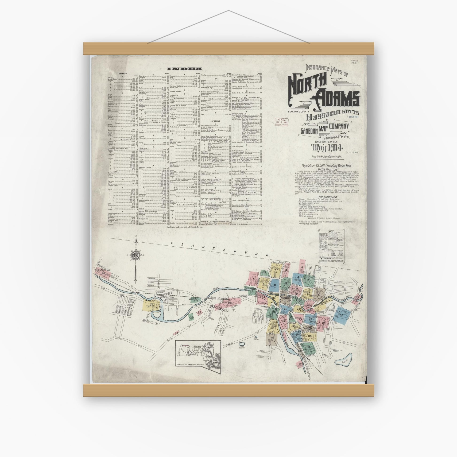 Old map wall art mockup — magnetic wood frame on white wall — Sanborn Fire Insurance Map from North Adams, Berkshire County, Massachusetts (1914) - Complete Map Set