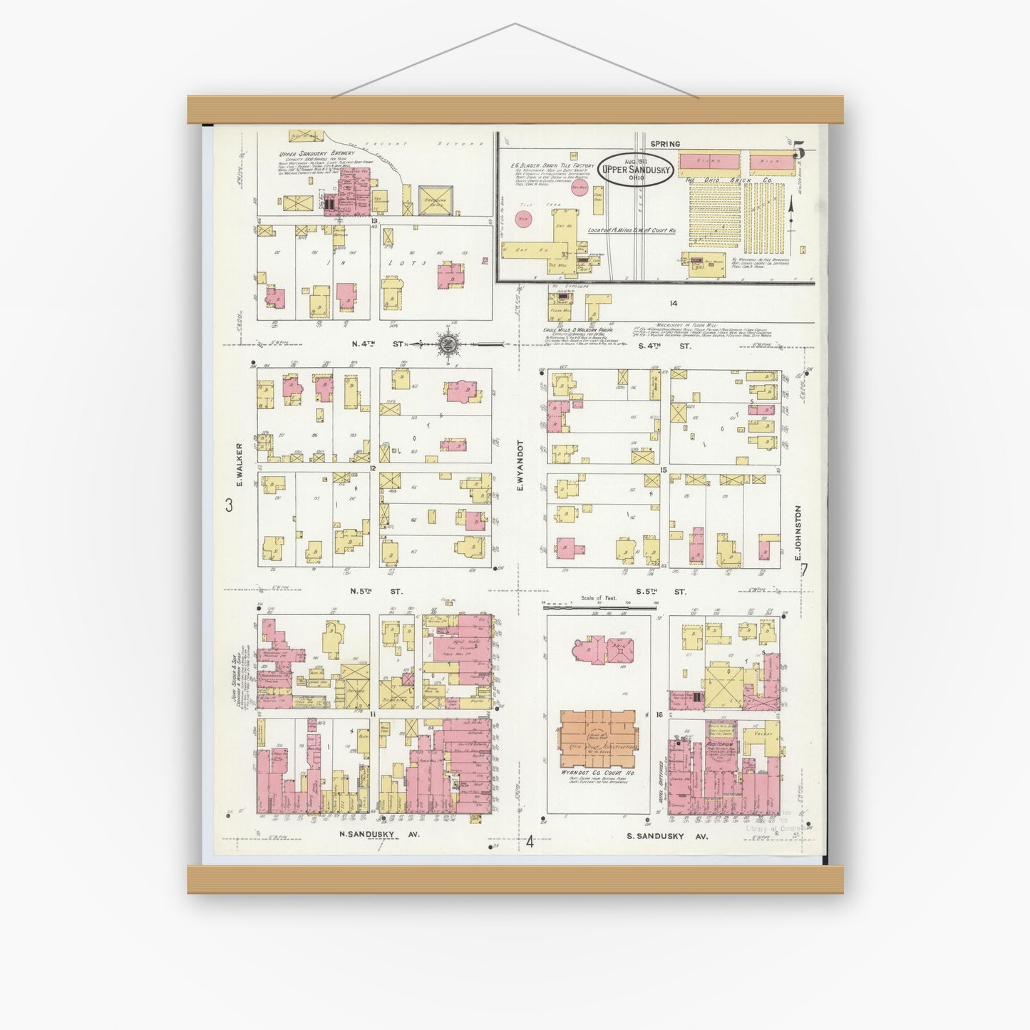 Old map wall art mockup — magnetic wood frame on white wall — Sanborn Fire Insurance Map from Upper Sandusky, Wyandot County, Ohio (1911), Sheet #0005