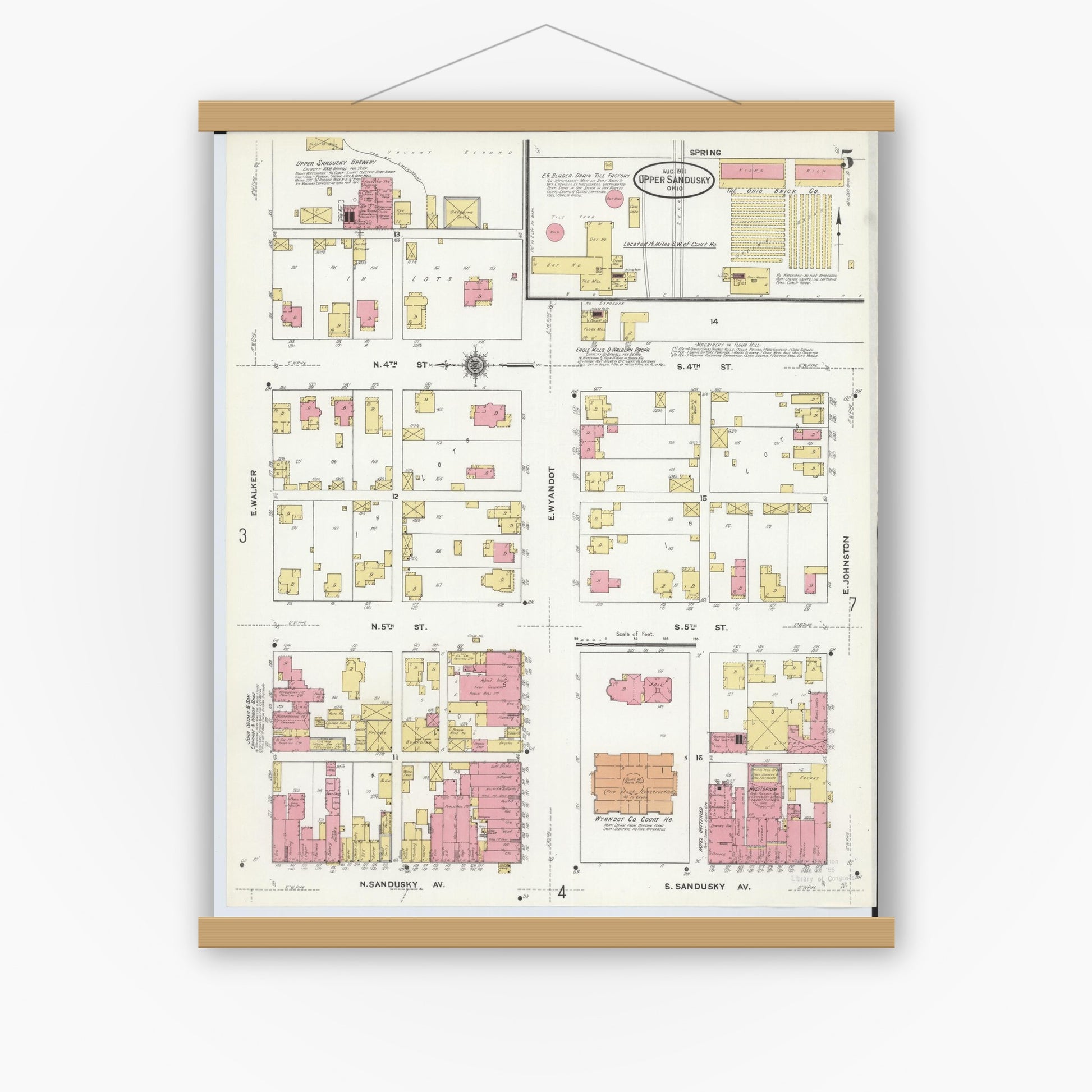 Old map wall art mockup — magnetic wood frame on white wall — Sanborn Fire Insurance Map from Upper Sandusky, Wyandot County, Ohio (1911), Sheet #0005
