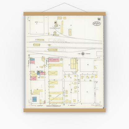 Old map wall art mockup — magnetic wood frame on white wall — Sanborn Fire Insurance Map from McKinney, Collin County, Texas (1914), Sheet #0014