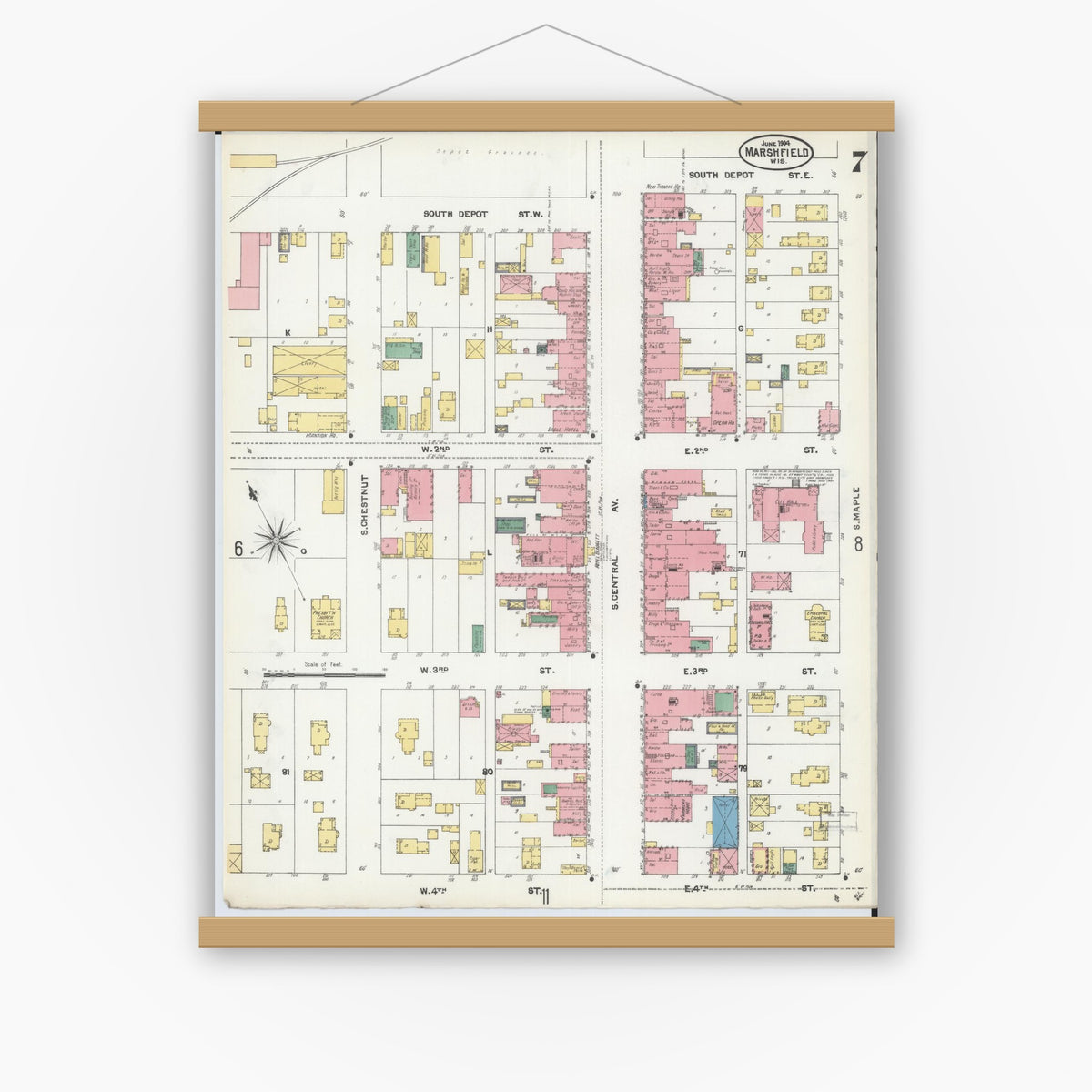 Old map wall art mockup — magnetic wood frame on white wall — Sanborn Fire Insurance Map from Marshfield, Wood County, Wisconsin (1904), Sheet #0007