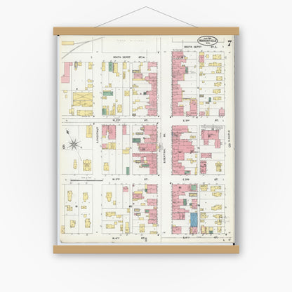 Old map wall art mockup — magnetic wood frame on white wall — Sanborn Fire Insurance Map from Marshfield, Wood County, Wisconsin (1904), Sheet #0007