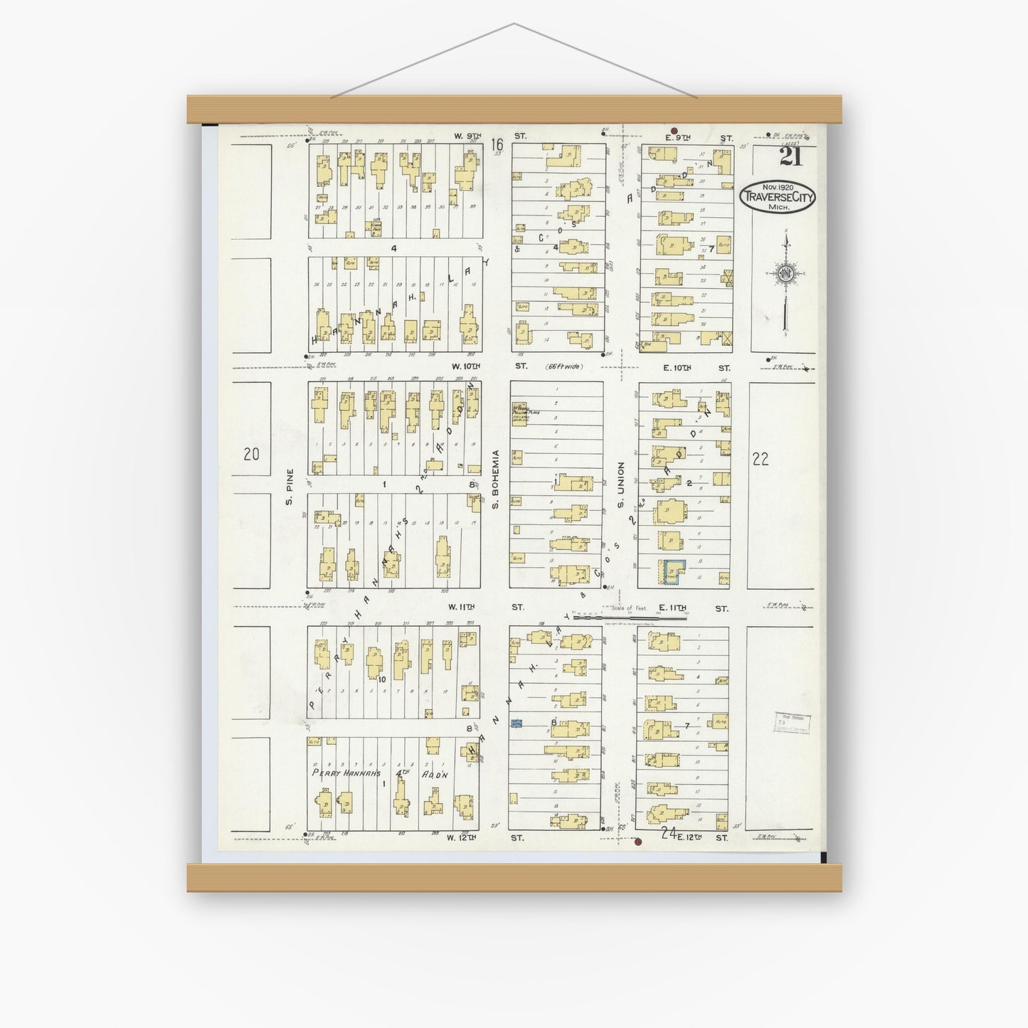Old map wall art mockup — magnetic wood frame on white wall — Sanborn Fire Insurance Map from Traverse City, Grand Traverse County, Michigan (1920), Sheet #0021