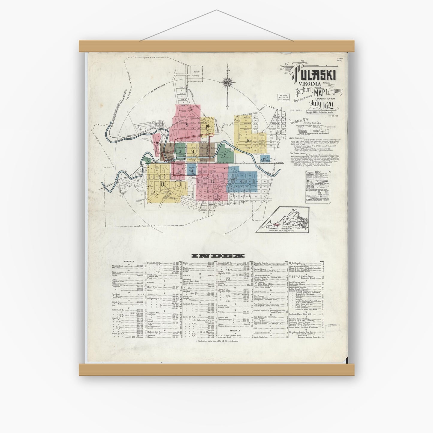 Old map wall art mockup — magnetic wood frame on white wall — Sanborn Fire Insurance Map from Pulaski, Pulaski County, Virginia (1920) - Complete Map Set