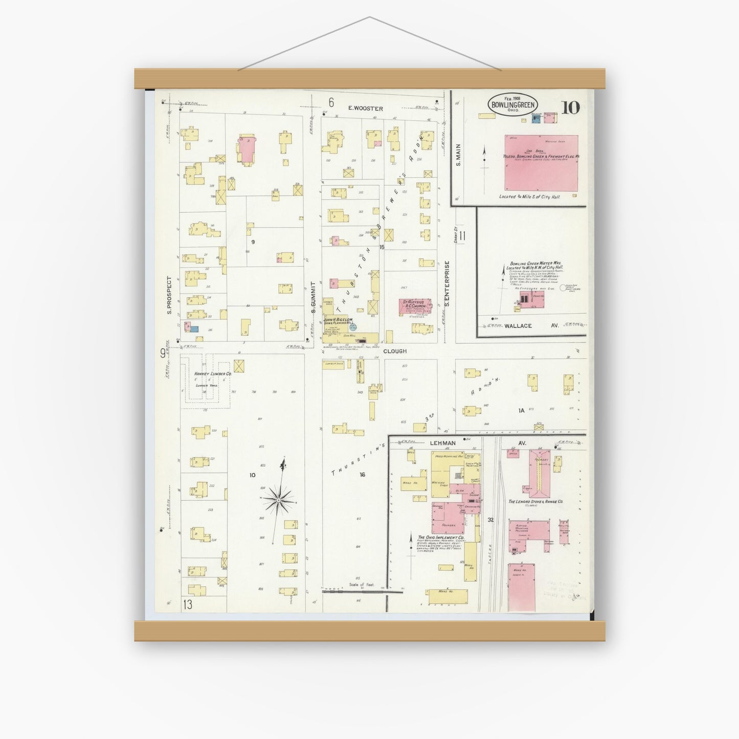 Old map wall art mockup — magnetic wood frame on white wall — Sanborn Fire Insurance Map from Bowling Green, Wood County, Ohio (1908), Sheet #0010