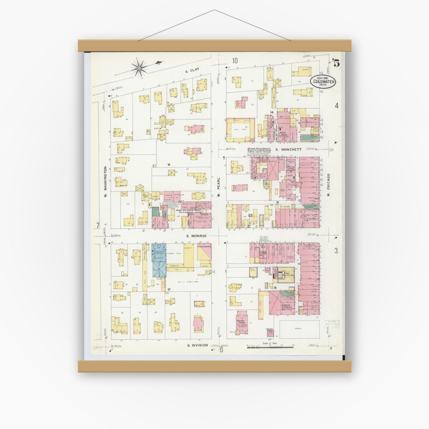 Old map wall art mockup — magnetic wood frame on white wall — Sanborn Fire Insurance Map from Coldwater, Branch County, Michigan (1908), Sheet #0005
