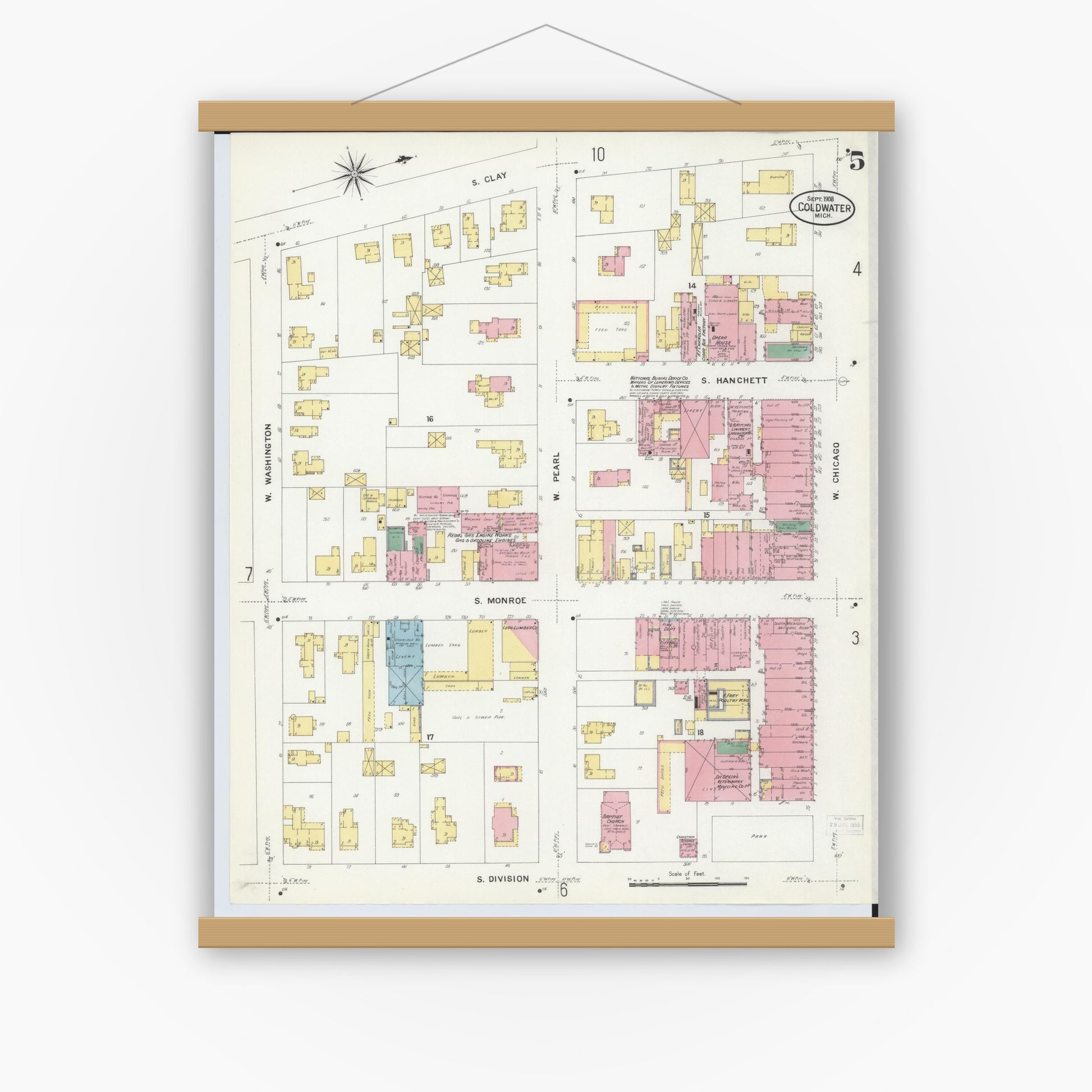 Old map wall art mockup — magnetic wood frame on white wall — Sanborn Fire Insurance Map from Coldwater, Branch County, Michigan (1908), Sheet #0005