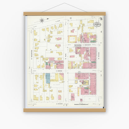 Old map wall art mockup — magnetic wood frame on white wall — Sanborn Fire Insurance Map from Coldwater, Branch County, Michigan (1908), Sheet #0005