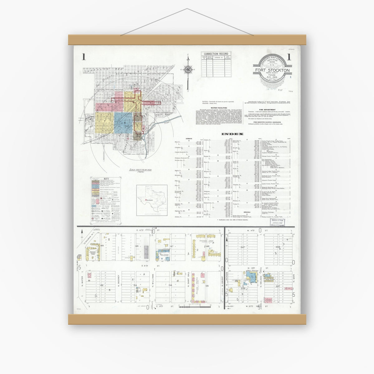Old map wall art mockup — magnetic wood frame on white wall — Sanborn Fire Insurance Map from Fort Stockton, Pecos County, Texas (1946), Sheet #0001