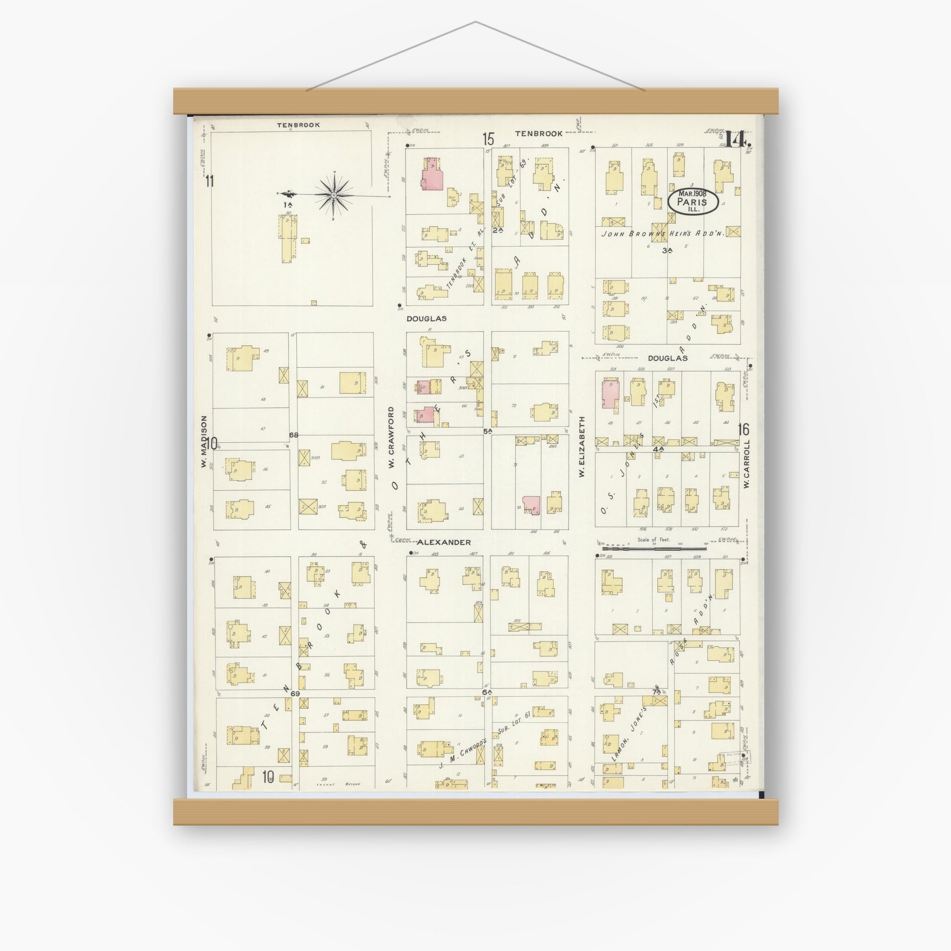 Old map wall art mockup — magnetic wood frame on white wall — Sanborn Fire Insurance Map from Paris, Edgar County, Illinois (1908), Sheet #0014