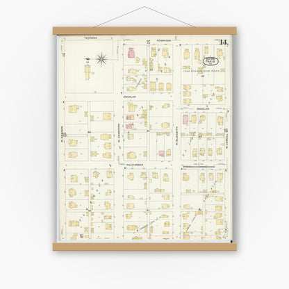 Old map wall art mockup — magnetic wood frame on white wall — Sanborn Fire Insurance Map from Paris, Edgar County, Illinois (1908), Sheet #0014