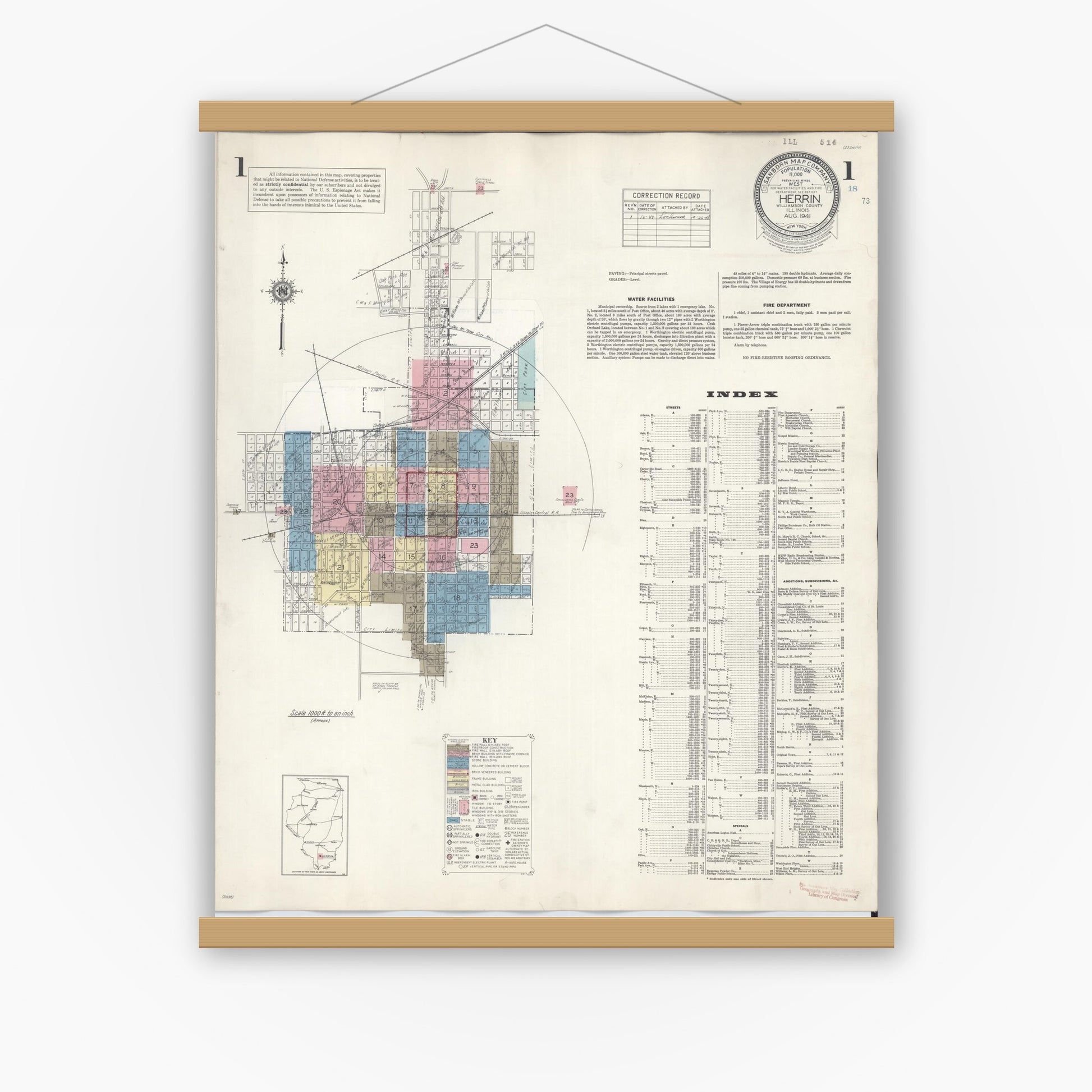 Old map wall art mockup — magnetic wood frame on white wall — Sanborn Fire Insurance Map from Herrin, Williamson County, Illinois (1947), Sheet #0001