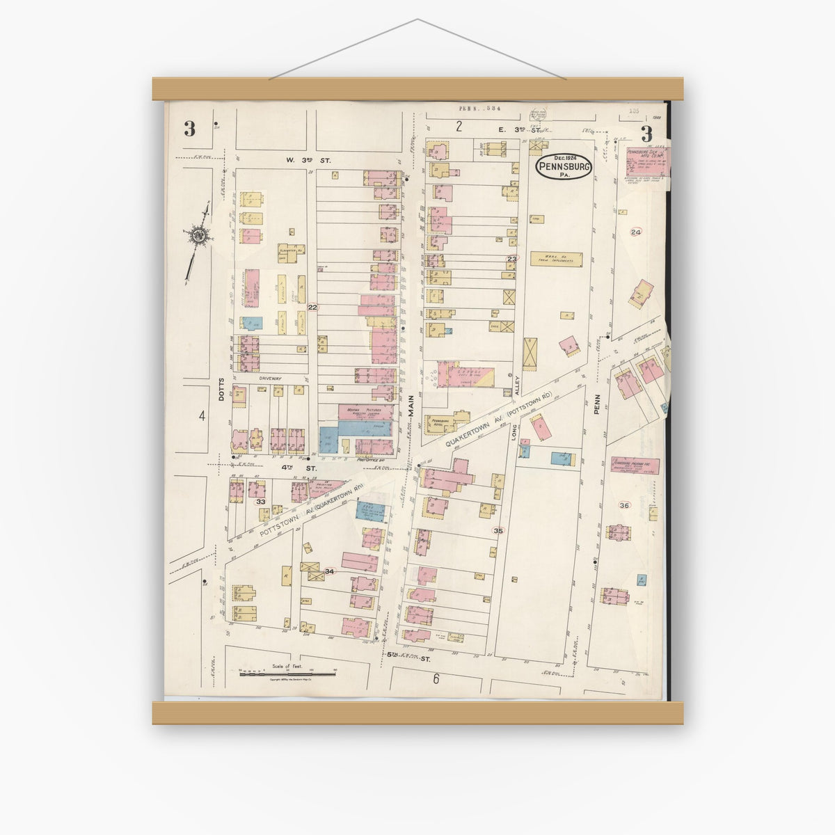 Old map wall art mockup — magnetic wood frame on white wall — Sanborn Fire Insurance Map from Pennsburg, Montgomery County, Pennsylvania (1933), Sheet #0003