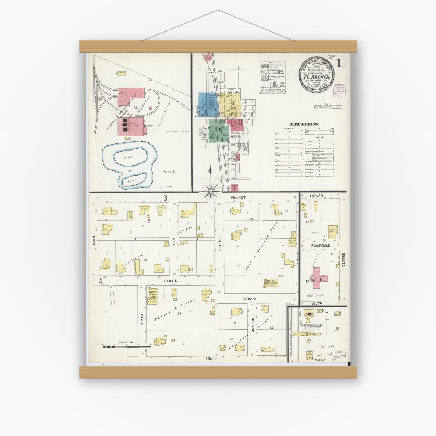 Old map wall art mockup — magnetic wood frame on white wall — Sanborn Fire Insurance Map from Fort Branch, Gibson County, Indiana (1907) - Complete Map Set