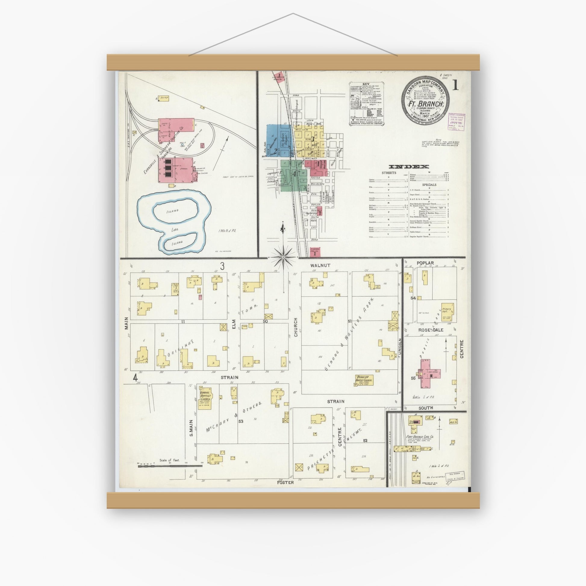 Old map wall art mockup — magnetic wood frame on white wall — Sanborn Fire Insurance Map from Fort Branch, Gibson County, Indiana (1907) - Complete Map Set
