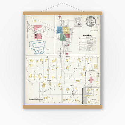 Old map wall art mockup — magnetic wood frame on white wall — Sanborn Fire Insurance Map from Fort Branch, Gibson County, Indiana (1907) - Complete Map Set