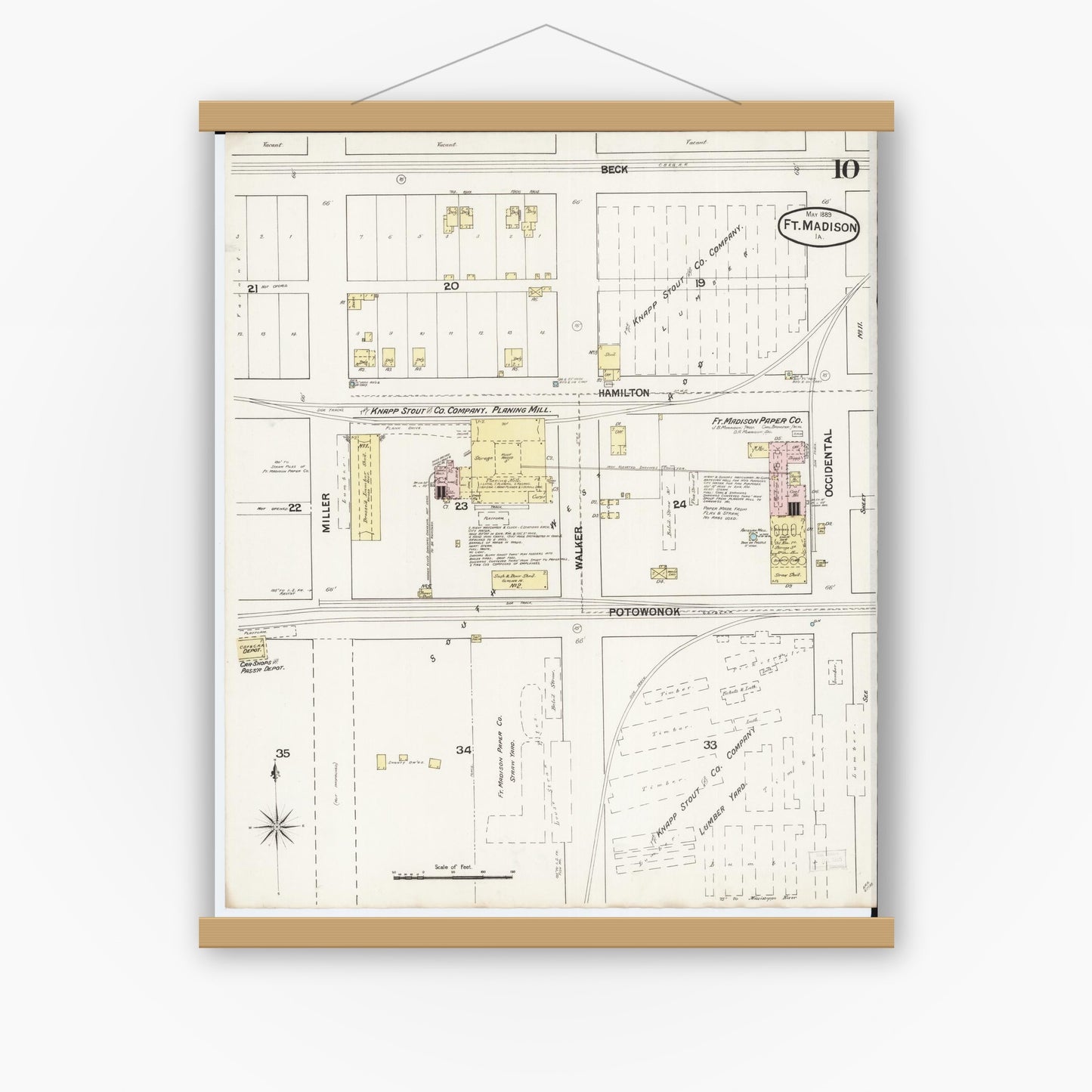 Old map wall art mockup — magnetic wood frame on white wall — Sanborn Fire Insurance Map from Fort Madison, Lee County, Iowa (1889), Sheet #0010