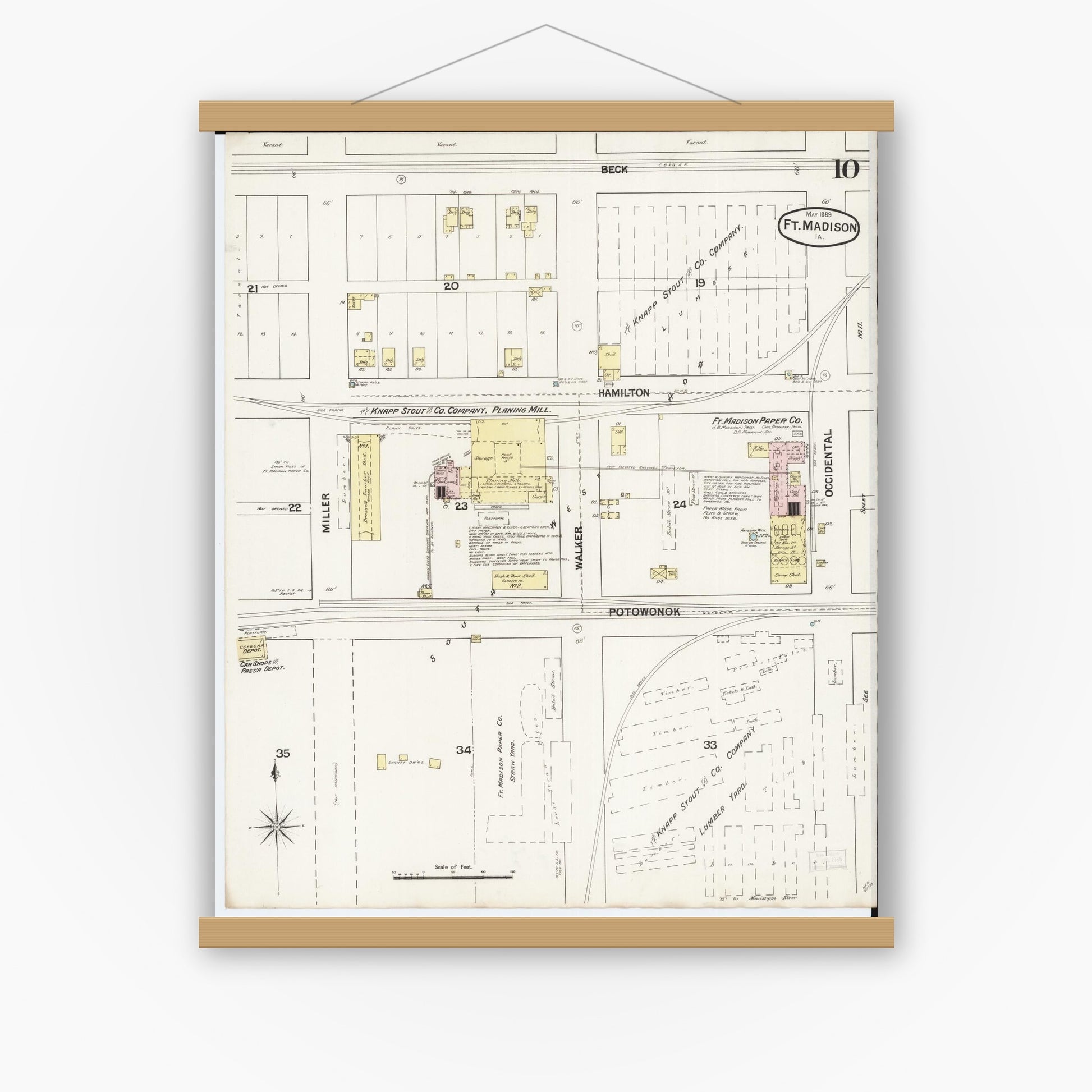 Old map wall art mockup — magnetic wood frame on white wall — Sanborn Fire Insurance Map from Fort Madison, Lee County, Iowa (1889), Sheet #0010
