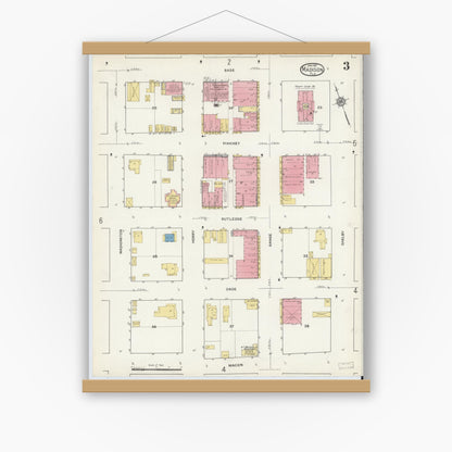 Old map wall art mockup — magnetic wood frame on white wall — Sanborn Fire Insurance Map from Madison, Madison County, Florida (1917), Sheet #0003