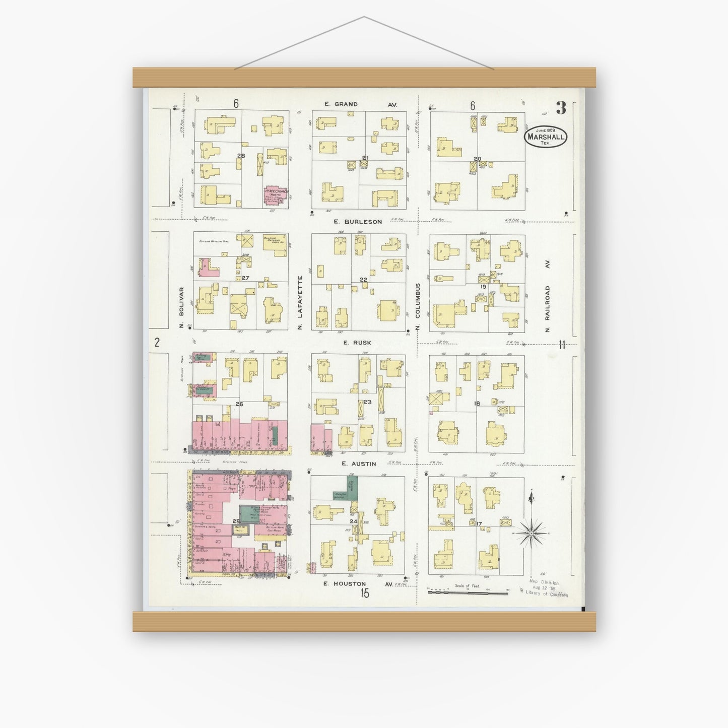 Old map wall art mockup — magnetic wood frame on white wall — Sanborn Fire Insurance Map from Marshall, Harrison County, Texas (1909), Sheet #0003