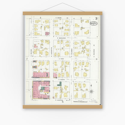 Old map wall art mockup — magnetic wood frame on white wall — Sanborn Fire Insurance Map from Marshall, Harrison County, Texas (1909), Sheet #0003