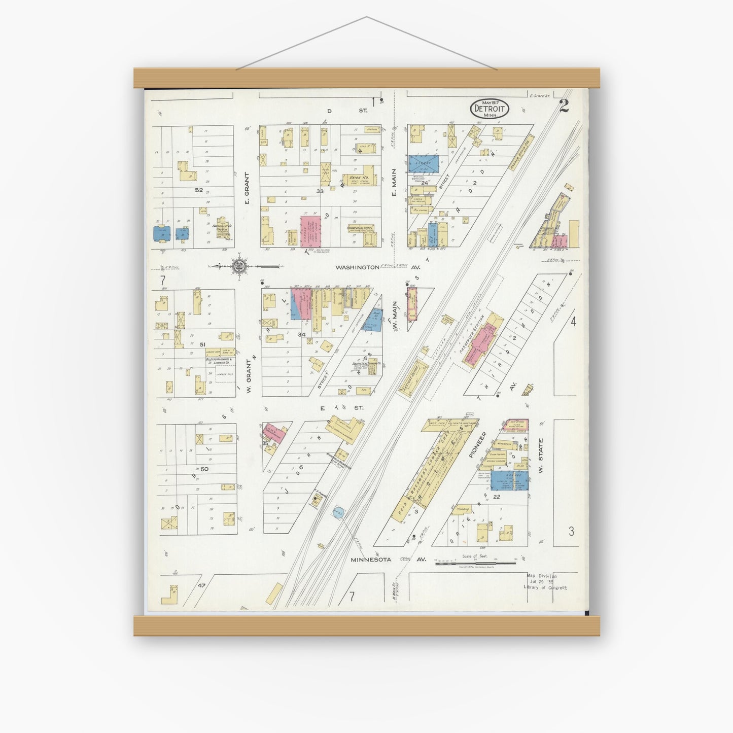 Old map wall art mockup — magnetic wood frame on white wall — Sanborn Fire Insurance Map from Detroit Lakes, Becker County, Minnesota (1917), Sheet #0002