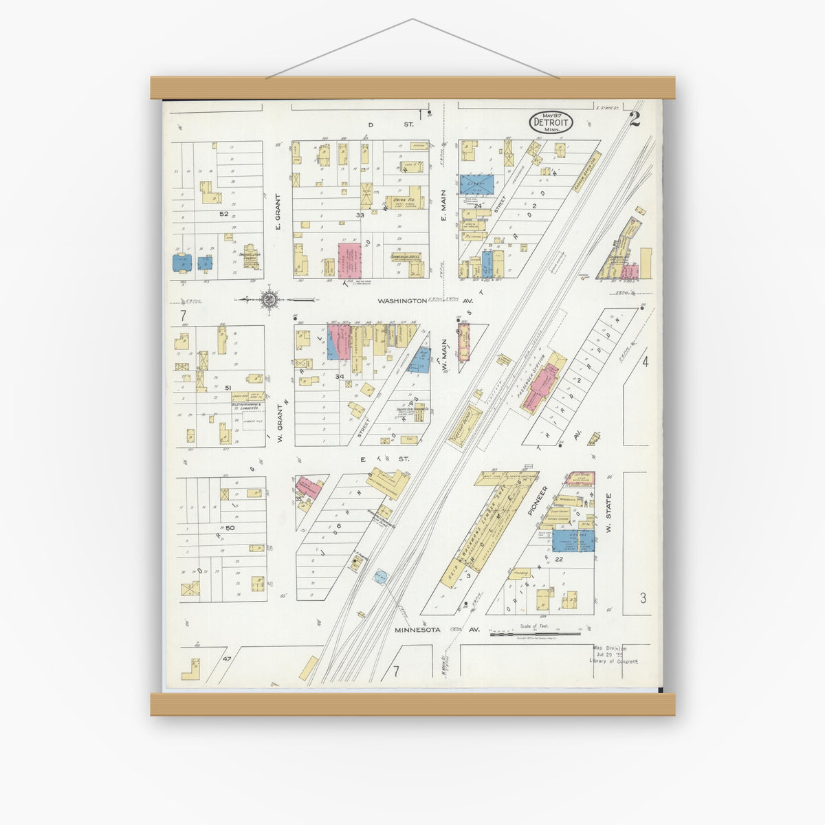 Old map wall art mockup — magnetic wood frame on white wall — Sanborn Fire Insurance Map from Detroit Lakes, Becker County, Minnesota (1917), Sheet #0002