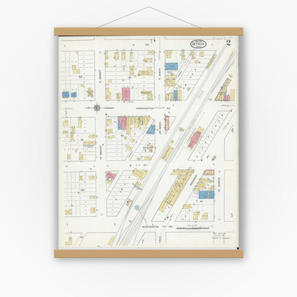Old map wall art mockup — magnetic wood frame on white wall — Sanborn Fire Insurance Map from Detroit Lakes, Becker County, Minnesota (1917), Sheet #0002