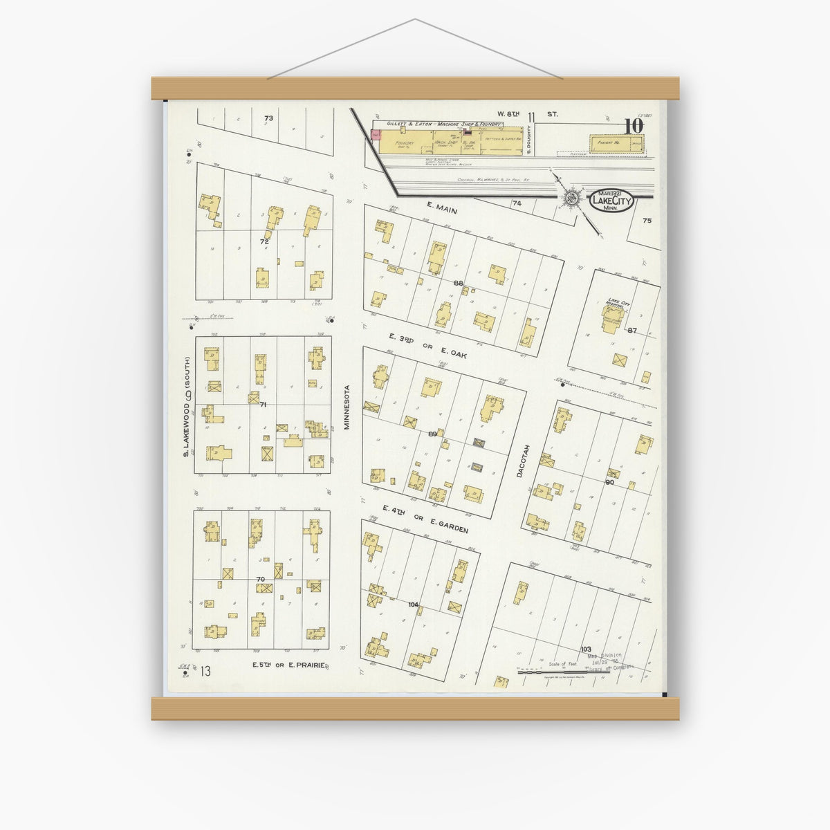 Old map wall art mockup — magnetic wood frame on white wall — Sanborn Fire Insurance Map from Lake City, Wabasha County, Minnesota (1921), Sheet #0010