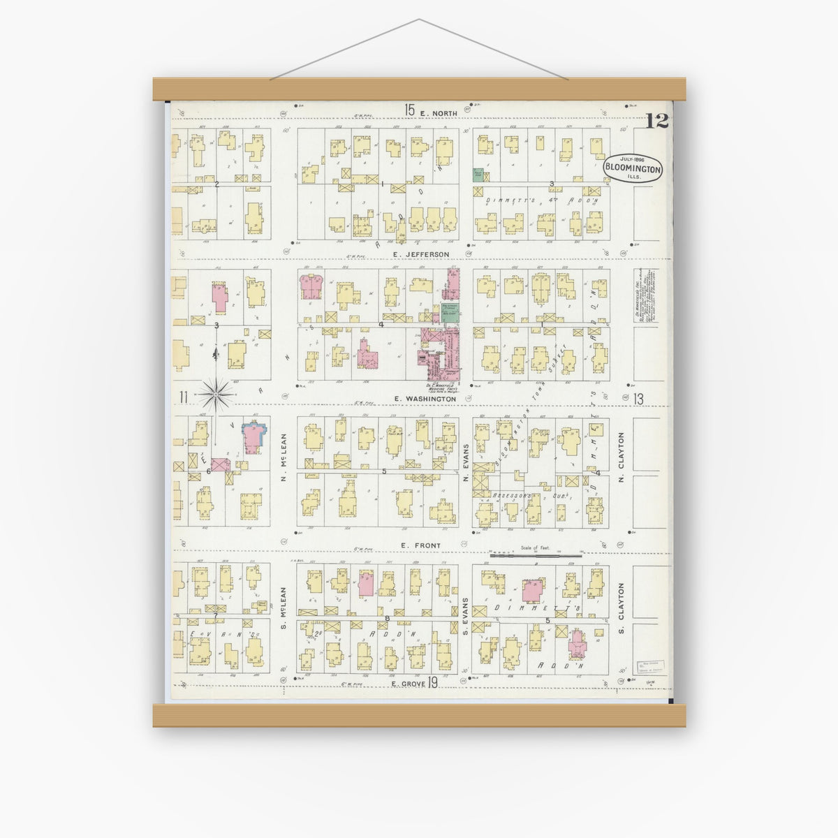 Old map wall art mockup — magnetic wood frame on white wall — Sanborn Fire Insurance Map from Bloomington, McLean County, Illinois (1896), Sheet #0012