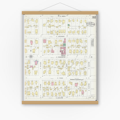 Old map wall art mockup — magnetic wood frame on white wall — Sanborn Fire Insurance Map from Bloomington, McLean County, Illinois (1896), Sheet #0012