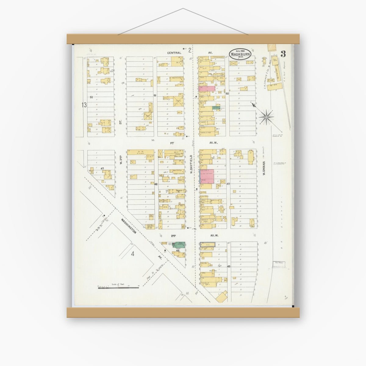 Old map wall art mockup — magnetic wood frame on white wall — Sanborn Fire Insurance Map from Washburn, Bayfield County, Wisconsin (1904), Sheet #0003