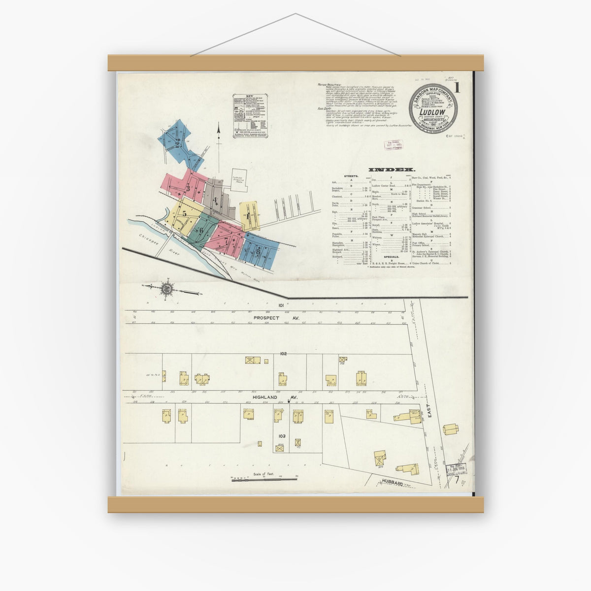 Old map wall art mockup — magnetic wood frame on white wall — Sanborn Fire Insurance Map from Ludlow, Hampden County, Massachusetts (1911) - Complete Map Set