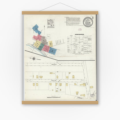 Old map wall art mockup — magnetic wood frame on white wall — Sanborn Fire Insurance Map from Ludlow, Hampden County, Massachusetts (1911) - Complete Map Set