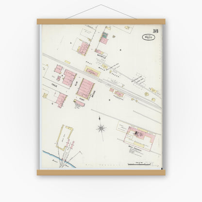 Old map wall art mockup — magnetic wood frame on white wall — Sanborn Fire Insurance Map from Waco, McLennan County, Texas (1889), Sheet #0018