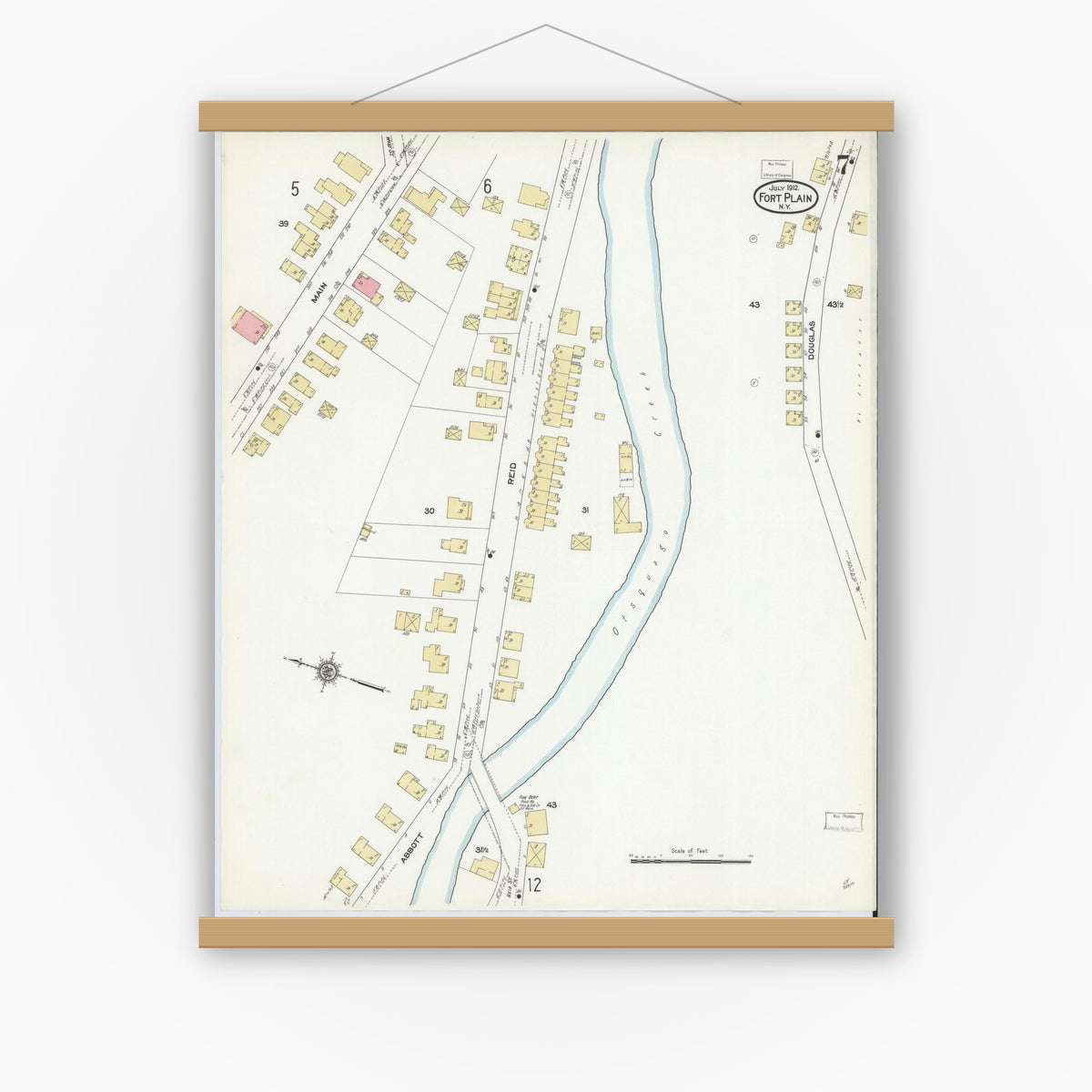 Old map wall art mockup — magnetic wood frame on white wall — Sanborn Fire Insurance Map from Fort Plain, Montgomery County, New York (1912), Sheet #0007