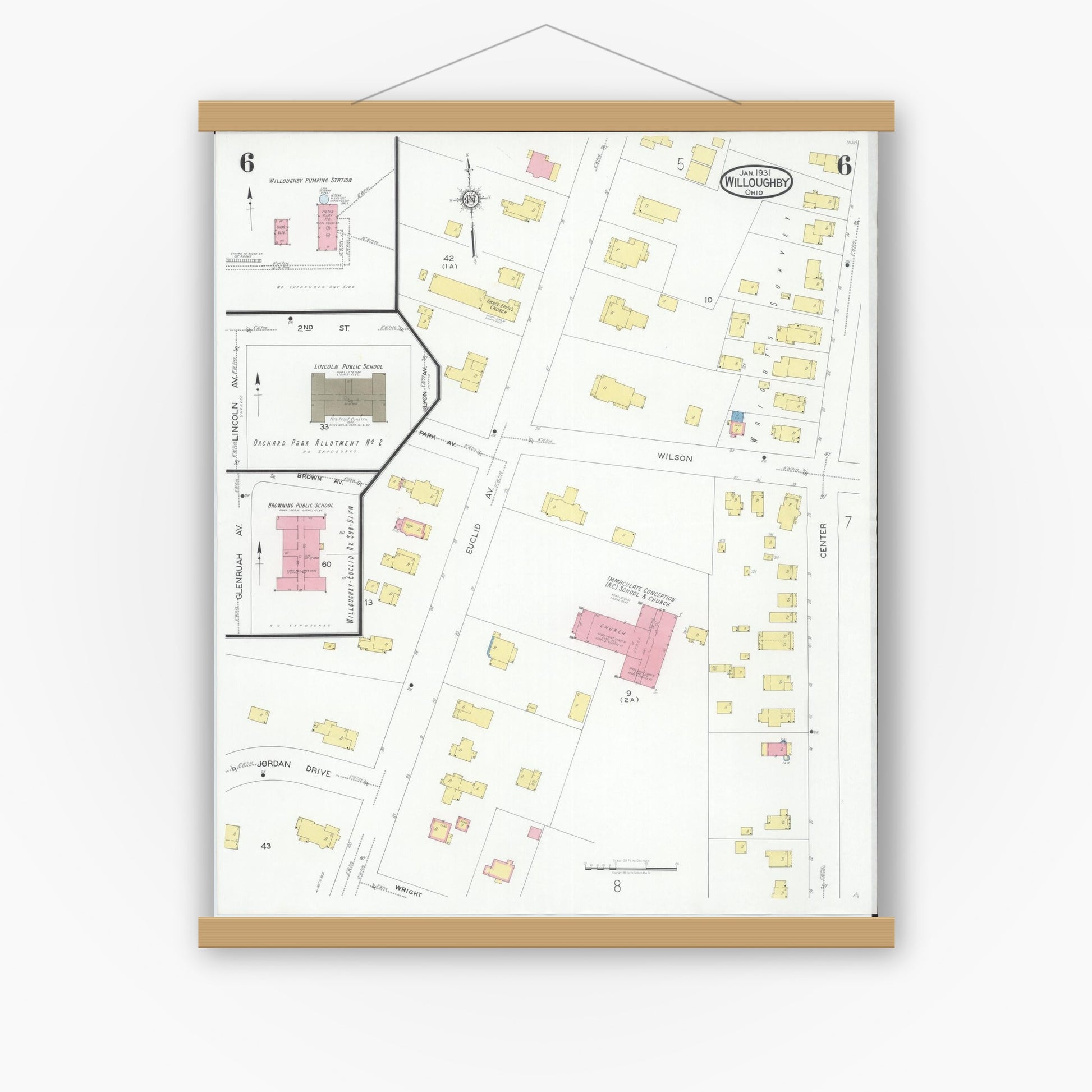Old map wall art mockup — magnetic wood frame on white wall — Sanborn Fire Insurance Map from Willoughby, Lake County, Ohio (1931), Sheet #0006